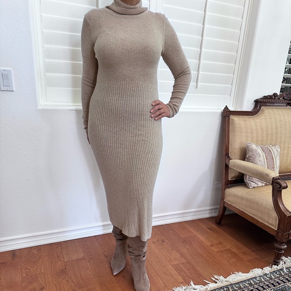 MNG ribbed knit turtleneck dress in tan color size Small - Picture 1 of 9